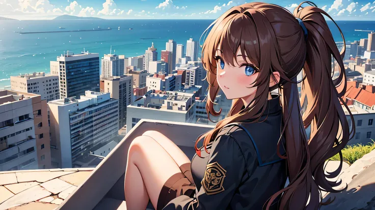 8K HD，a beautiful girl，Brown long curly hair，blue eyes，Tied with a ponytail，View of the city from a hill overlooking the sea