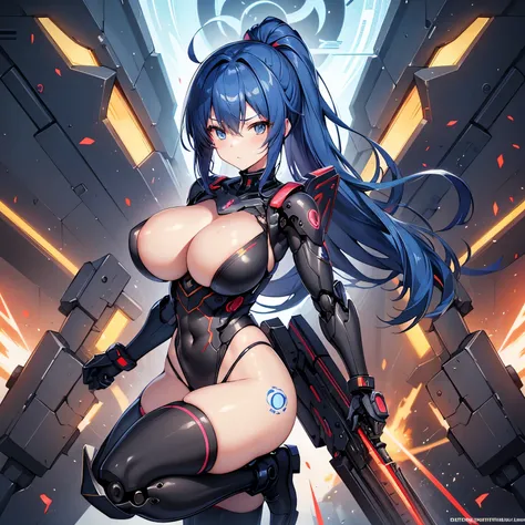 Anime Girl,sf,Mechanized Kunoichi,Near future,High leg cut,nowatermark,cyborg,Groin,cyborg忍者,Blitz,Big Breasts,超Big Breasts,Super Breasts,Kunoichi with a rifle,Kunoichi with a gun,Expressionless,Blue Hair