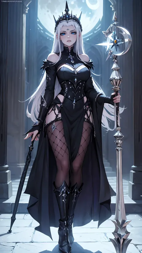 masterpiece, 1 girl, solo, twilight domain cleric, long black hair, long black/blue dress, silver upper body armor, tiara, silver boots, pale skin, sleepy, blue eyes, full body, holding a silver staff, ((moon facetattoo)), in a gothic cathedral