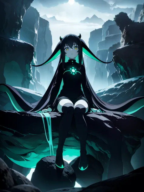 (Masterpiece, Best quality, ultra high resolution),1girl, teen, black clothes, amber eyes, bright eyes,surrounded by tentacles, (squid girl), beautiful and detailed face, innocent, cute, detailed eyes,sitting on a rock in the middle of the dark cave,cloudy...