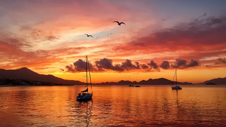 Create an ultra-high-resolution, realistic photo of a breathtaking sunset. Half of the sky is ablaze with red patchy clouds on the horizon, while the calm sea reflects golden light. Overhead, the sky remains blue, with clouds gradually shifting from white ...