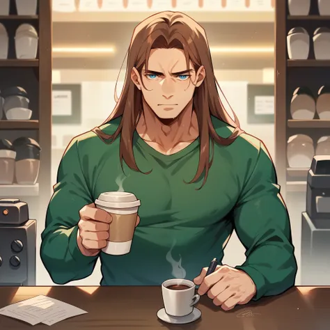 a tall man with long flowing brown hair and blue eyes is infront of you at a coffee shop.