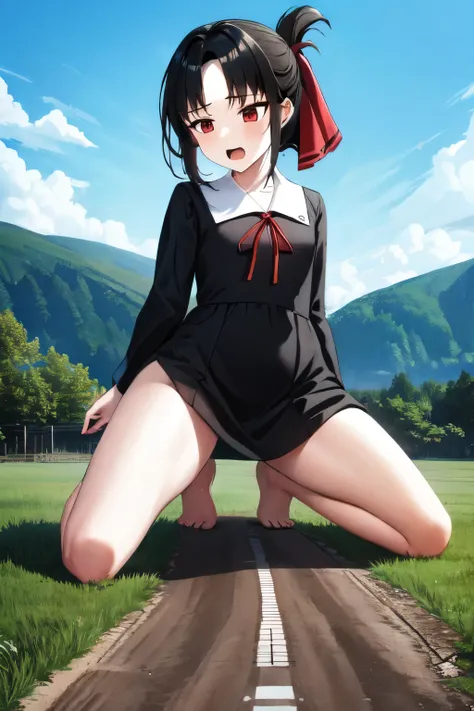 giantess looming over a single house in a field, kneeling, partially obscured, kneeling over a house in a field, one leg obscured, 1leg, tower between her legs, destroying a building, destruction, debris, crushing a building, tiny building between her legs...