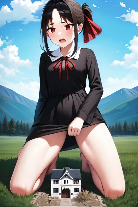 giantess looming over a single house in a field, kneeling, partially obscured, kneeling over a house in a field, one leg obscured, 1leg, tower between her legs, destroying a building, destruction, debris, crushing a building, tiny building between her legs...