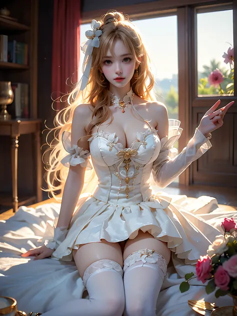 ruanyi0194-2,wedding dress,white thighhighs,hair ornament,white dress (masterpiece, best quality:1.2), 1 Girl, Solitary, Ultra-realistic, Reality, ((Anatomically correct legs)), (Perfect leg proportions:1.3), (Real and accurate leg shape:1.2), Smooth skin,...