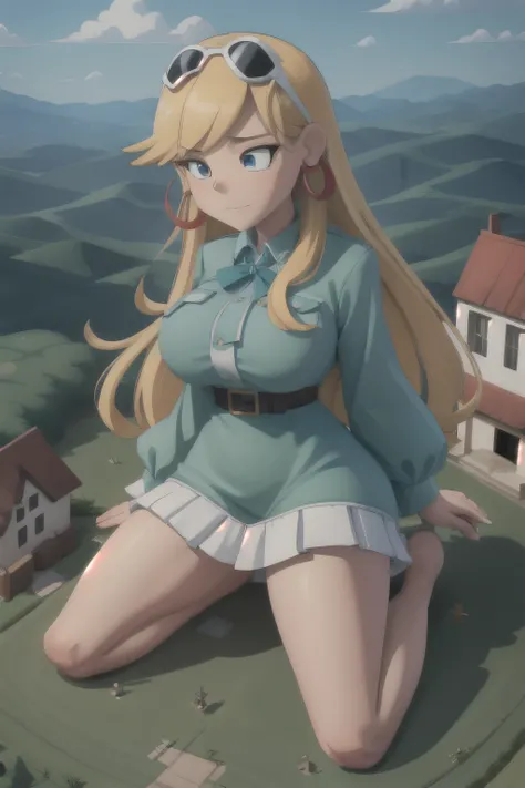 giantess looming over a single house in a field, kneeling, partially obscured, kneeling over a house in a field, one leg obscured, 1leg, tower between her legs, destroying a building, destruction, debris, crushing a building, tiny building between her legs...