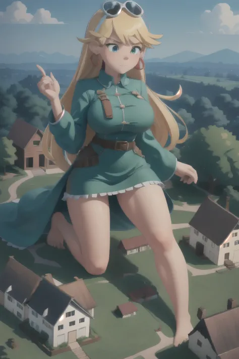 giantess looming over a single house in a field, kneeling, partially obscured, kneeling over a house in a field, one leg obscured, 1leg, tower between her legs, destroying a building, destruction, debris, crushing a building, tiny building between her legs...