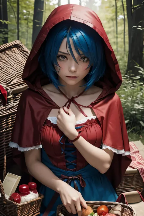 Generate image of Little Red Riding Hood tied up as a victim, ((detailed)), ((Best Quality)), beaten, with sexy clothes, whole body, short hair, blue hair, with a picnic basket in her hands