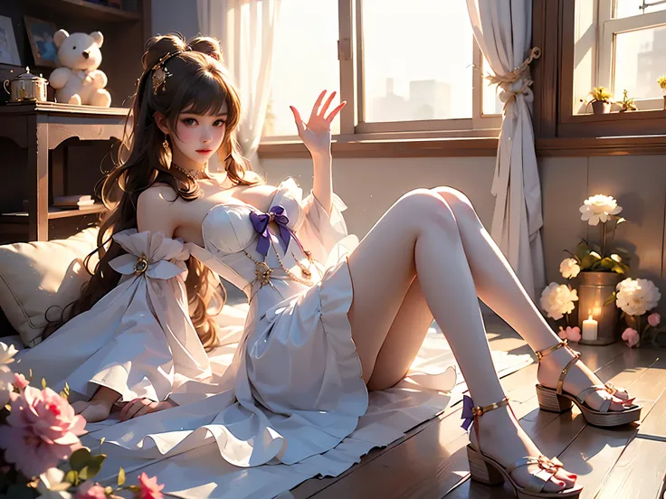 sangonomiya kokomi,hair ornament,white pantyhose,white half gloves,frilled sleeves,bow-shaped hair,bow,detached collar,sandals,w...