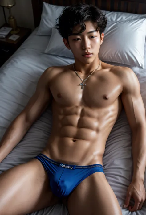 (Masterpiece, perfect) Korean Teen boy, 18, short curly hair, abs, muscular, blue jockstrap, sleeping in bed, no sheets, full body, evening, bulge, ((oil on chest)), tooth necklace, asleep, toned body,