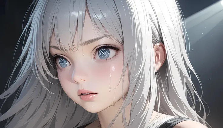 A silver-haired long-haired woman, mid 20s, following a man in his 20s from behind, long hair, beautiful detailed eyes,sweat pouring from his face,  @_@、@_@、beautiful detailed lips, extremely detailed eyes and face, long eyelashes, photorealistic, 8k, mast...