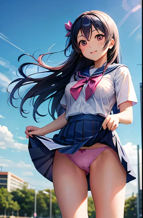 Love Live! Sonoda Umi、full body shot, Low angle, school uniform, skirt lift, panties,Big Eyes、Transparent eyes、a girl, Pink nipples、Looking at me and laughing、I&#39;m embarrassed、The whole body is shown、Shoulder length、Hair tied with ribbons、Fluffy hair te...