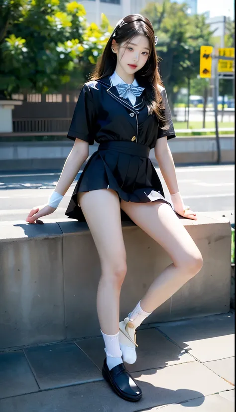 RAW Photos, Very delicate and beautiful, masterpiece, Highest quality, Ultra-high resolution, 16K, hyperRealistic, Realistic, (((((whole bodyショット:1.8)))))，((Japanese high school girls wearing summer uniforms:1.7)),((The background is a very stylish modern ...