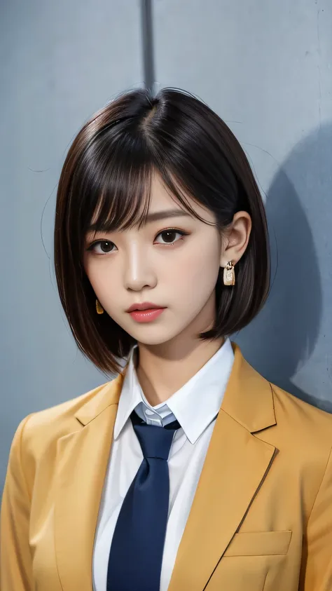 RAW Photos, High resolution, Very detailed, Intricate details, 、ear piercing、、short hair、Thick black hair、Expressionless、 Jacket、shirt、tie、, The background is the office
