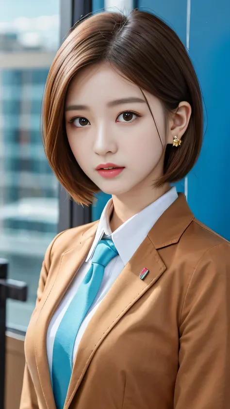 RAW Photos, High resolution, Very detailed, Intricate details, 、ear piercing、、short hair、Light brown hair、Expressionless、 Jacket、shirt、tie、, The background is the office
