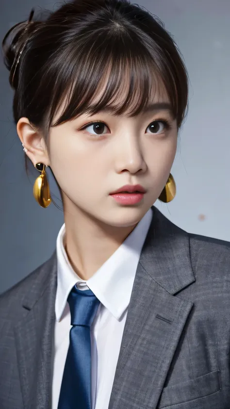 RAW Photos, High resolution, Very detailed, Intricate details, 、ear piercing、、short hair、Hairstyle bun、Black Hair、Expressionless、 Jacket、shirt、tie、, The background is the office
