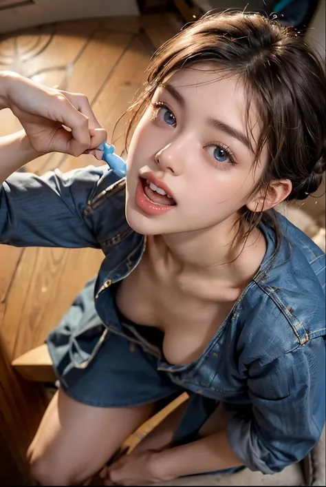 Highest quality, masterpiece, Ultra-high resolution,8k,((Open mouth, teeth brushing, blowjob, portrait:1.4)), (Realistic:1.6), ((blue eyes)),((A radiant smile)), RAW Photos,((Realisticな美肌)),((Idol-like outfit:1.4)),((Soft looking breasts,Nipples)),((Full b...