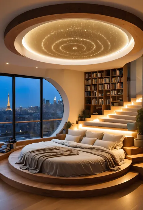 /I https://s.mj.run/2H_ej-Qaks0 a circular bed in the middle of an apartment with stairs leading up to it, cozy and warm interior design, lights on at night outside the window you can see buildings and city light, bed is made out of fluffy beige fabric and...