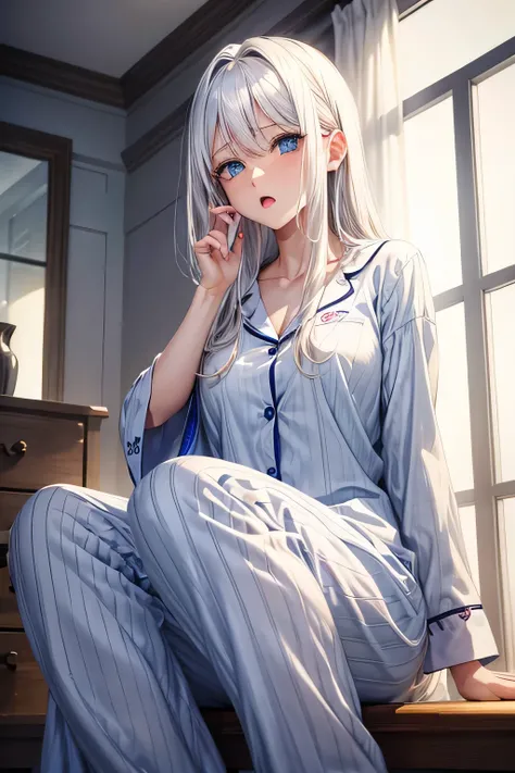 Woman with white hair, blue eyes, pajamas, yawning
