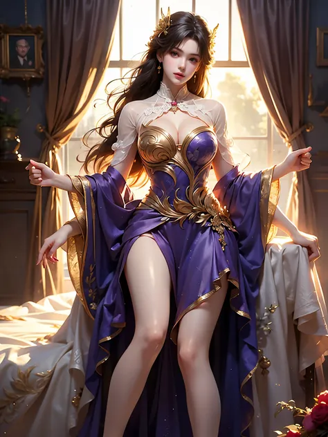 purple dress,, (masterpiece, best quality:1.2), 1 Girl, Solitary, Ultra-realistic, Reality, ((Anatomically correct legs)), (Perfect leg proportions:1.3), (Real and accurate leg shape:1.2), Smooth skin, Visible knee and ankle joints, No leg twisting, Suppor...