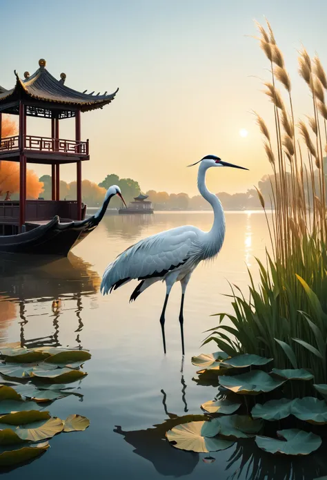 /I https://s.mj.run/dkrmEMn1DLA A white elegantly poised Danding Crane stands on the edge of an old Chinese sailing ship. There is a small pavilion on the left with reed leaves in the foreground, and in the background there are tall reeds at the waters edg...