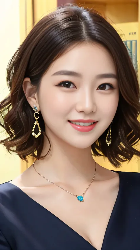 RAW Photos, High resolution, Very detailed, Intricate details, 、ear piercing、、short hair、Wavy Hair、Black Hair、Smile slightly、Clear beauty、 Office Lady Suits 、Necklace around the neck、, The background is the office
