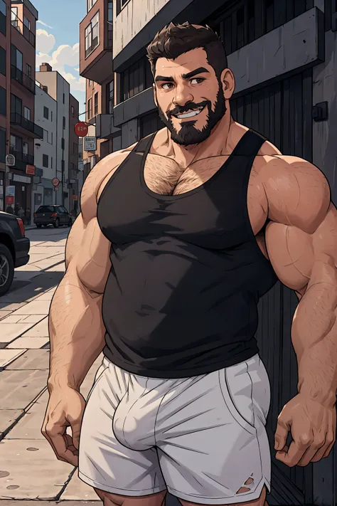 human, Man, 30 years old, heavy build, short silver hair, long black beard, standing in neighborhood, afternoon, outside, chest hair, black tank top, white shorts, massive bulge, smiling with teeth showing