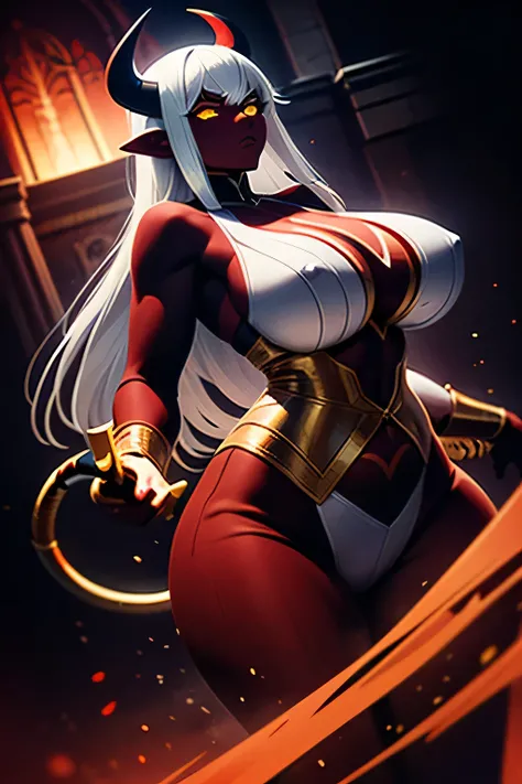 a woman with yellow eyes and long white hair,serious face, demon horns, looking at the camera, huge boobies, Waist slender, thick-thighs, best qualityer,HD, using katana in right and left hand,pointed ears,