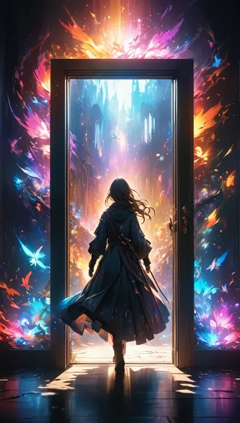 Open the door to a dark fantasy world, Spreading beyond the door、Dazzling fantasy world, Too dazzling backlight, Transparent holographic lighting seeps inward, Colorful light adds color to the background, avoiding completely silhouetted subjects, Extremely...