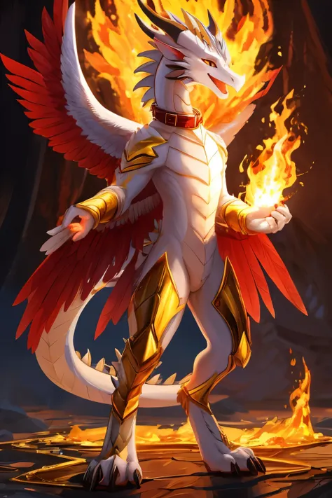 (anime), (((standing on gold fire))),(slight smile), (open mouth), slim furry white fire angelic dragon casting magic, ((detailed eyes)), ((furry angelic dragon)), highres, white main body color, orange, red and yellow secondary body colors, smooth skin,(e...