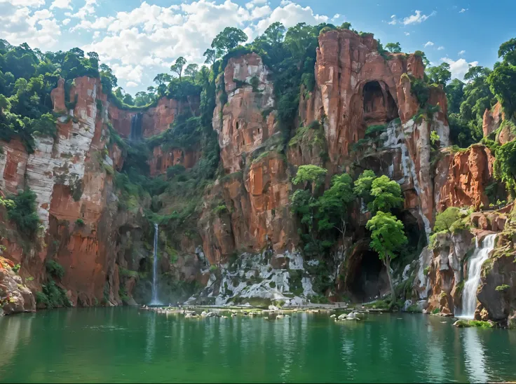 Towering red and brown cliffs dotted with lush green trees，Dominating the scene, Creating a stunning natural amphitheatre. bottom, A tranquil green lake reflects the vibrant landscape. A small pavilion and a simple trail nestle beside the cascading waterfa...