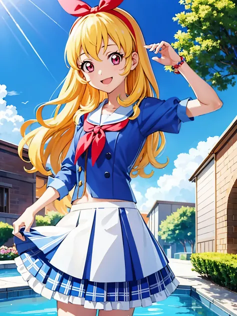 a cartoon image of a beautiful anime girl dressed in anime clothing holding a hose, 1girl, hose, skirt, solo, blonde hair, blue eyes, outdoors, shirt, navel, food-themed hair ornament, midriff, hat, day, sky, open mouth, tied shirt, blue skirt, plaid, look...
