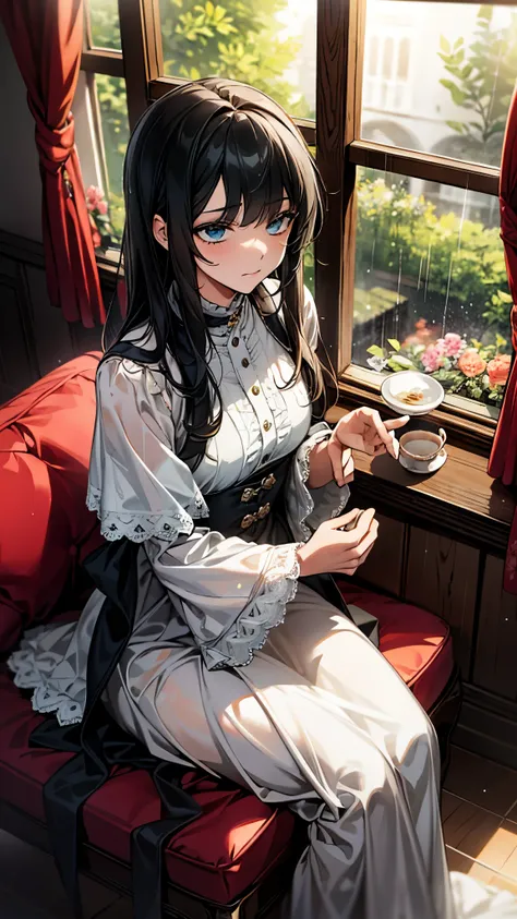 A meticulously crafted rainy day scene unfolds from the vantage point of a plush window seat, adorned with droplets of rain gently cascading down the windowpane, creating a harmonious melody. Outside, a lush garden, faintly discernible through the wet glas...