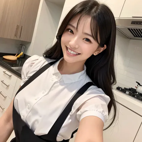 (Tabletop、Highest quality、8k、Award-winning works、Ultra-high resolution)、Korean star style woman、(Wearing the most natural and perfect apron:1.1)、(Pink patterned apron、Long black hair、(Look at me with your best smile:1.1)、The hair is loosely wavy at the bot...