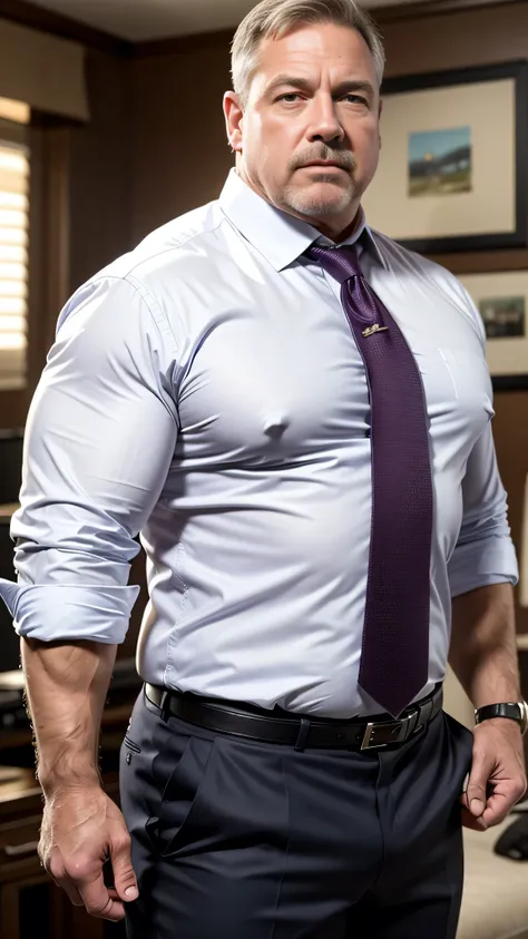 Professional photography style, age 60, white man police detective, horny disgusting, muscular chubby, half dressed shirt, mature daddy, Dress Pants with big hard bulge, hairy chest hard nipple, belt, loafer, Extremely realistic.