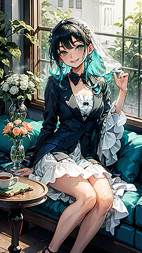 From a luxurious window seat、A rainy day scene created with great attention to detail unfolds., Decorated with raindrops gently running down the windowpane, Creating a harmonious melody. outside, Lush garden, Dimly discernible through wet glass, Vibrant gr...
