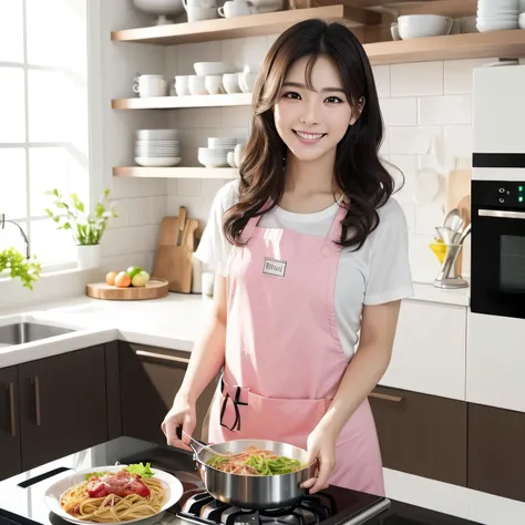 (Tabletop、Highest quality、8k、Award-winning works、Ultra-high resolution)、Korean star-like woman、(Wearing the most natural and perfect apron:1.1)、(Pink patterned apron、Center parted hairstyle、Long black hair、(Look at me with your best smile:1.1)、The hair is ...