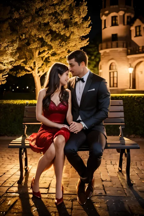 intimate and high-quality photos of (couple:1.2), sit on (bench:1.1), (enchanting light:1.1), sexy, passionate, exquisitely deta...