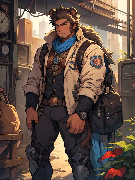 a middle-aged male, bear ears, bear tail, mechanical engineer, wearing a mechanic's suit, in a steampunk style mechanical city