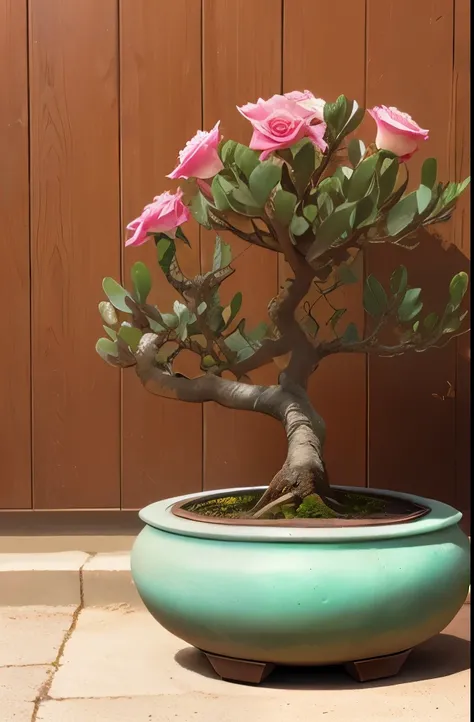 Create desert roses with huge caudex style bonsai with lots of roses. Flower is adenium. Desert background  