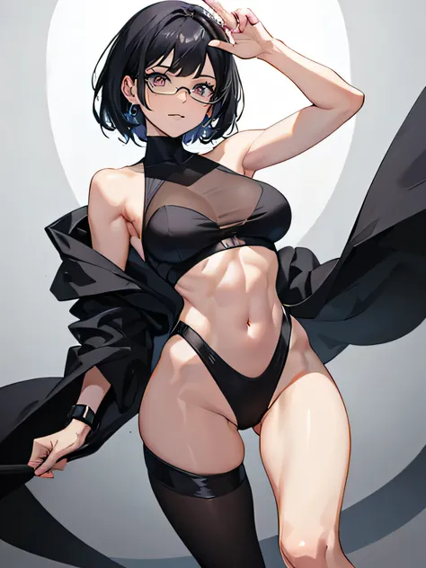 1 Woman with a slim, toned and defined athletic physique, short black hair with bangs cut, wearing glasses, purple eye color with black pupils, wearing a plain black linen sleeveless jumpsuit, wearing a purple poncho, Grinning, super verbose, perfectbody, ...