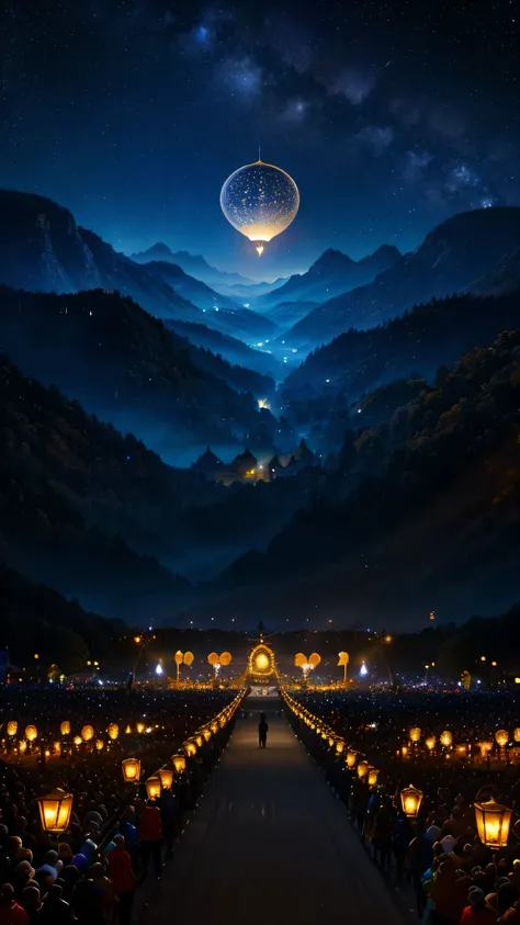 Under a starry night sky, enormous glowing lanterns shaped like fierce warriors and gods march through the streets in a magical festival. The lanterns radiate with mystical hues of blue, red, and gold, casting an ethereal glow across the crowd. Spectators ...