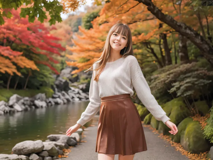 (Close up face shot of one slender small breasts half up blonde long hair with bangs girl in a long sleeves shirt and sweater and skirt:1.5)、(One blonde hair girl is dancing with happy smile on the dart road near the lake and big waterfall in Japan:1.5)、(B...