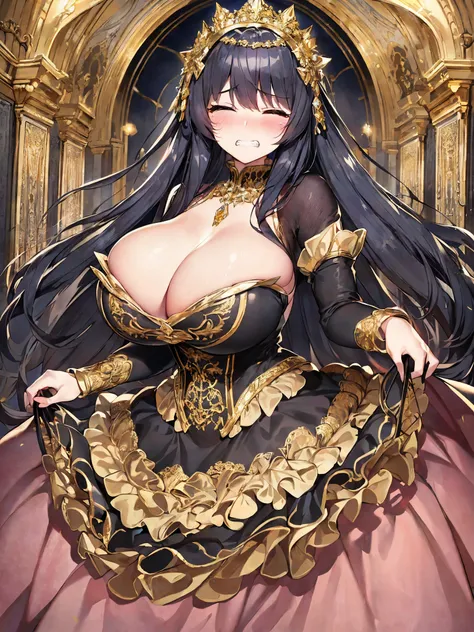 anime artstyle,Masterpiece,Best Quality,Super Detail,Very Delicate and Beautiful,((Walking the palace corridors,Carpeted hallway)),((((clenched teeth,Closed Eyes,blush,tear)))),(((curtsey))),Solo,absurdly gigantic breast,((arrogant queen,haughty)),(((1 mid...