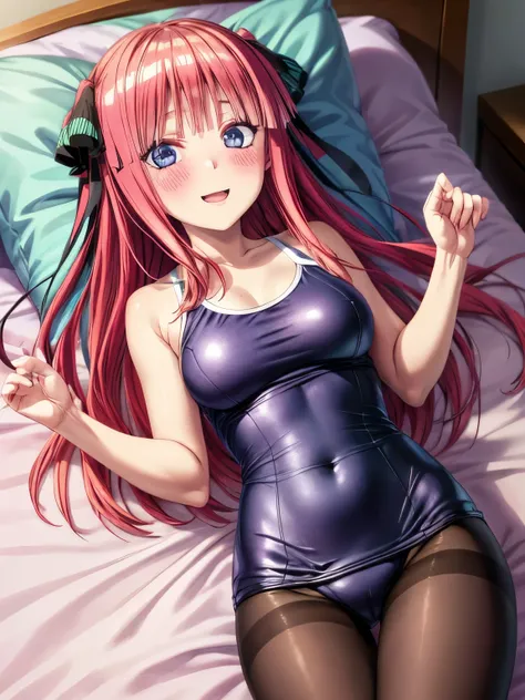 best quality, insanely detailed, blush, looking at viewer, cheerful eyes, arousal, one-piece swimsuit, pantyhose, lying down on the bed, nino nakano