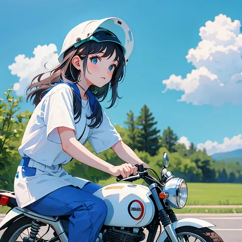 One Honda Super Cub 50 and one girl, blue skies, a girl with long hair, a helmet, a road that seems to go on forever, riding a Super Cub.