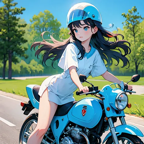 One Honda Super Cub 50 and one girl, blue skies, a girl with long hair, a helmet, a road that seems to go on forever, riding a Super Cub.