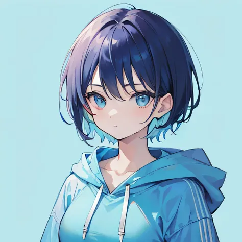 woman，short hair，Light blue background，hoodie