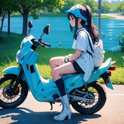 honda super cub 50 and a girl, blue sky, a girl with long hair, a helmet, a road that seems to go on forever, a backpack on her ...