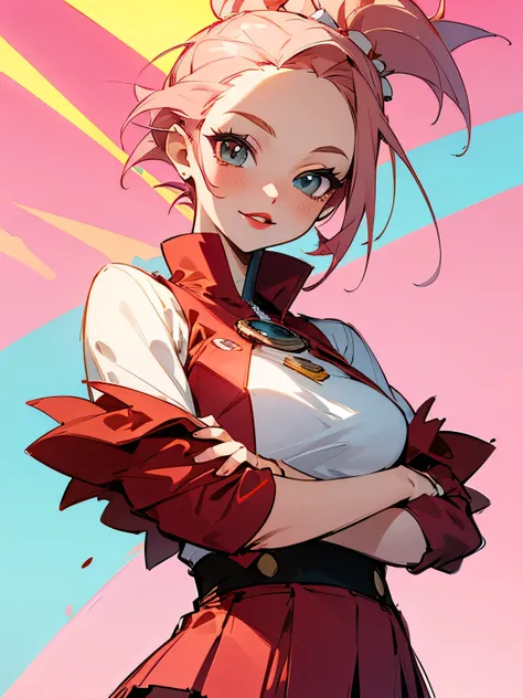 solo, upperbody, spiky thin pinkblonde hair, big forehead, light pink eyeshadow, red lipstick, aurora-colored cut and sew, miniskirt, (Im the main character: 1.3), pankrock image,mangastyle, sketch, illustration